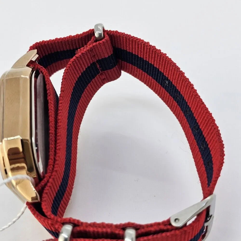 Men's Watch‎ 42MM Black Dial Gold Case Date Indicator Red Blue Canvas Band Strap